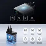 Adaptateur d'alimentation avec dessus à motif hexagonal et quatre icônes de caractéristiques : Retardateur de feu, matériau PC, protection contre les chutes, anti-traces de doigts.