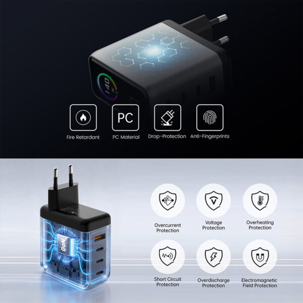 Power adapter with hex-patterned top and four feature icons: Fire Retardant, PC Material, Drop-Protection, Anti-Fingerprints.