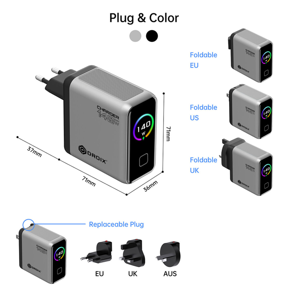 DROIX-140W-MARKETING-DONE-05 - GPD | PC Gaming Handhelds & Mini Laptops Droix 140W charger with foldable EU/US plug options and dimensions shown on a white background