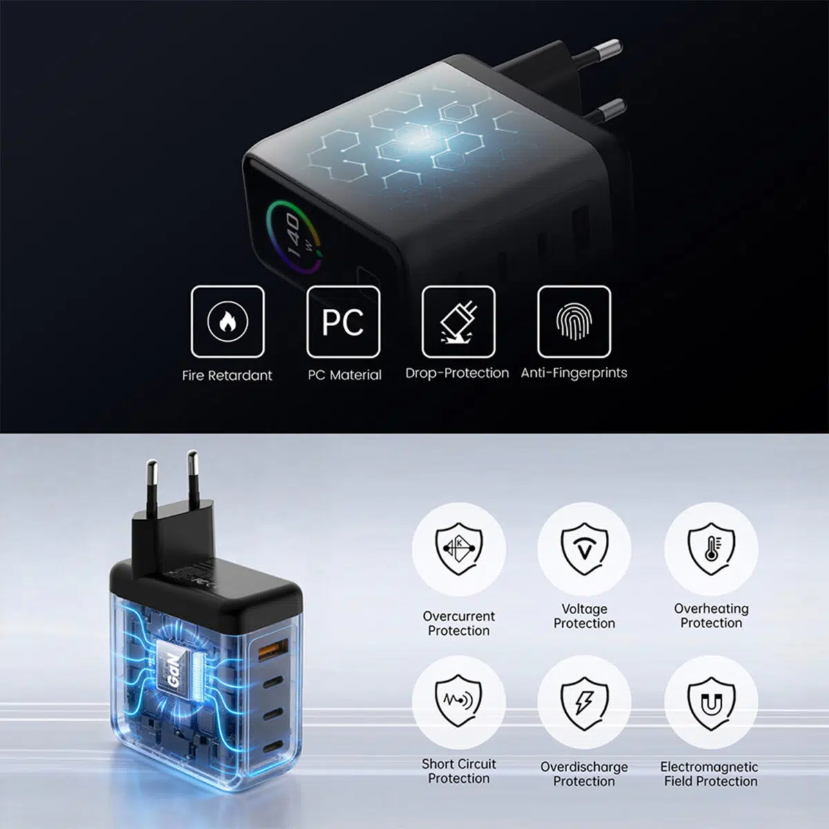 DROIX 140W USB-C seinalaadija omadused