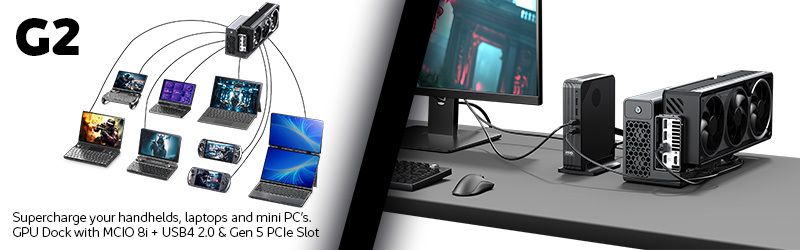 A split-panel promotional image for a GPU dock. On the left side, the large text "G2" is at the top. Below it is an illustration showing multiple small electronic devices, including two clamshell gaming handhelds, two larger laptops, and two smaller dual-screen devices, all with gaming visuals on their screens. Lines connect all six devices to an external desktop GPU enclosure floating above them, with a single cable running from each. Below this illustration is the text: "Supercharge your handhelds, laptops and mini PC's. GPU Dock with MCIO 8i + USB4 2.0 & Gen 5 PCIe Slot". The right side features a realistic photograph of a desk setup. On a gray surface sits a large gaming monitor, a mini PC tower, a modern-looking desktop computer (likely a small form factor PC or the GPU enclosure mentioned) with a prominent three-fan graphics card visible through its mesh side, a mouse, and part of a keyboard. Both parts are on a black background, separated by a diagonal black line.