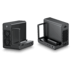 Two black NAS enclosures shown from opposite angles, featuring drive bays, front power button, and hexagonal ventilation grid.