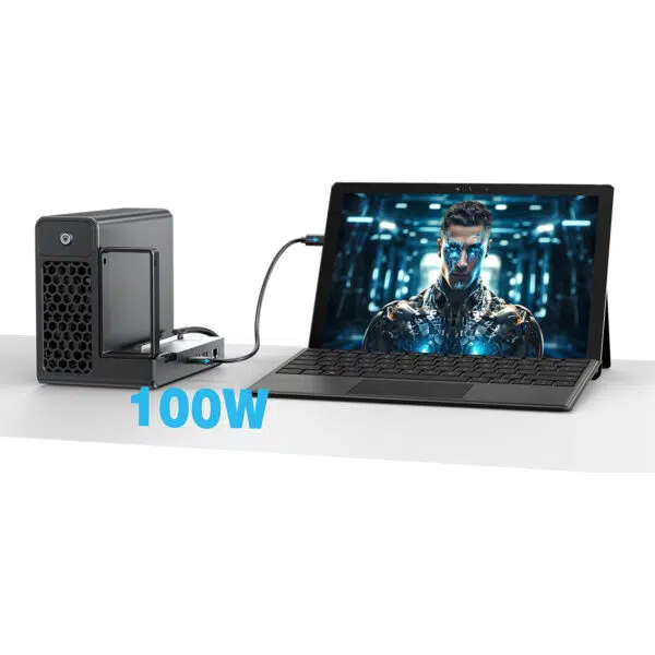 "GPD G2 eGPU" korpusas prijungtas prie "2-in-1" planšetinio kompiuterio per "USB4", užtikrinant 100 W "Power Delivery" įkrovimą ir tuo pačiu metu didinant grafinį našumą aukštos klasės žaidimams ir dirbtinio intelekto darbo krūviams.