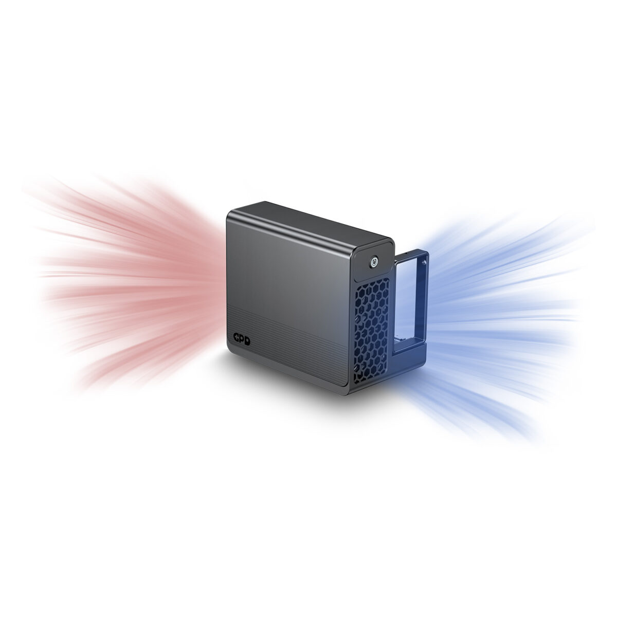 GPD-G2-MARKETING-DONE-11 - GPD | PC Gaming Handhelds & Mini Laptops The GPD G2 external GPU enclosure in Gunmetal, featuring a visual representation of the active cooling system with blue intake and red exhaust airflow indicators.