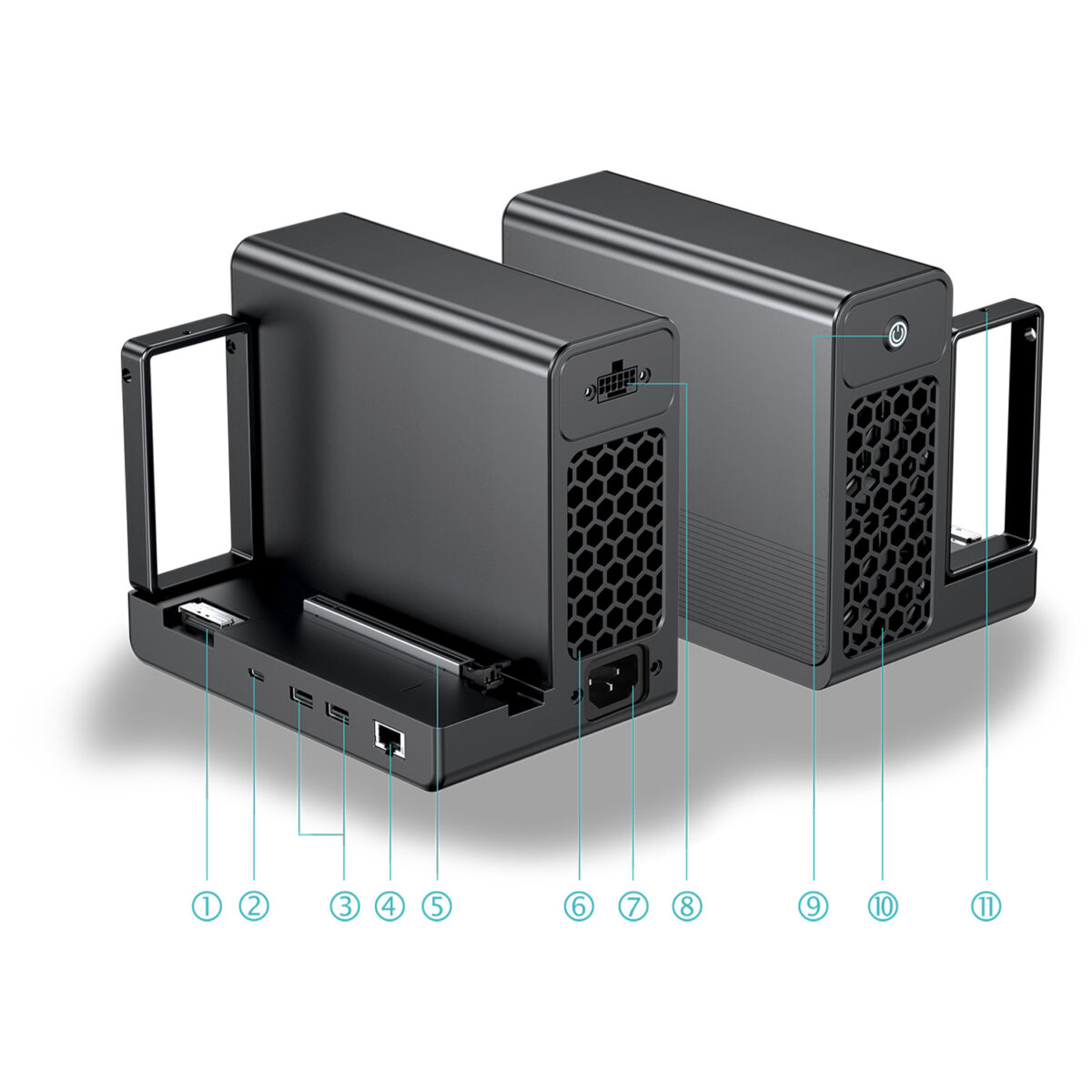 GPD-G2-MARKETING-DONE-13 - GPD | PC Gaming Handhelds & Mini Laptops A detailed interface diagram of the GPD G2 and GPD BOX ecosystem, highlighting the MCIO 8i port, USB4 v2.0 port, RJ45 Ethernet, and the 12V-2x6 power input for high-performance graphics cards.