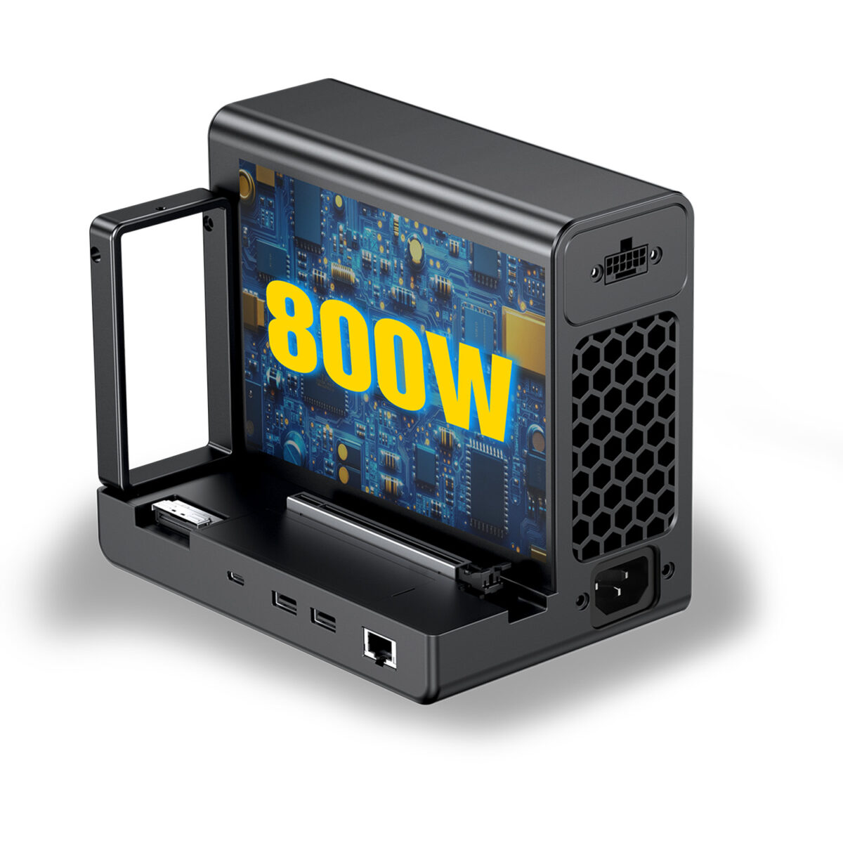GPD-G2-MARKETING-DONE-14 - GPD | PC Gaming Handhelds & Mini Laptops Rear view of the GPD G2 eGPU enclosure highlighting the internal 800W Gold-rated power supply, PCIe Gen 5 slot, and the 12V-2x6 GPU power connector interface.