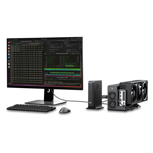 GPD G2 utilised in a professional workstation setup for Linux-based data processing, AI model monitoring, and software development.