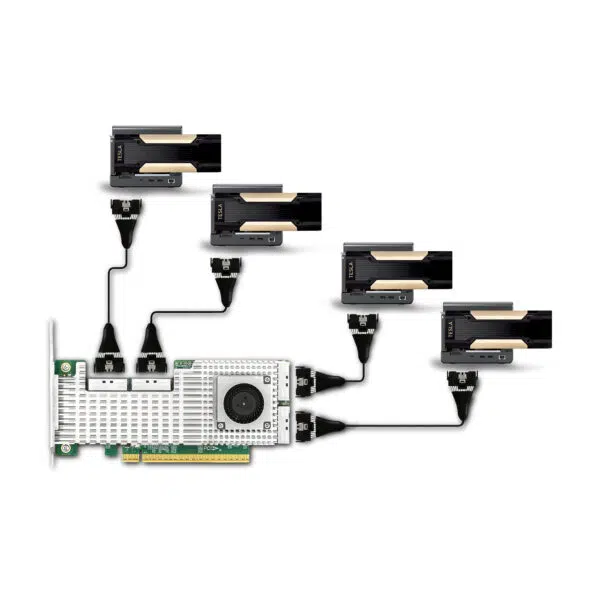 Techninė schema, kurioje GPD G2 prijungtas prie kelių "NVIDIA Tesla" duomenų centro GPU naudojant MCIO 8i didelės spartos kabelius.
