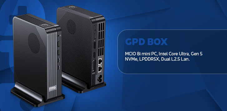 An infographic with a blue geometric background featuring two identical black, ribbed mini-PCs, labeled GPD, standing on their docks. Text to the right reads, "GPD BOX. MCIO 8i mini PC, Intel Core Ultra, Gen 5 NVMe, LPDDR5X, Dual 2.5 Lan.