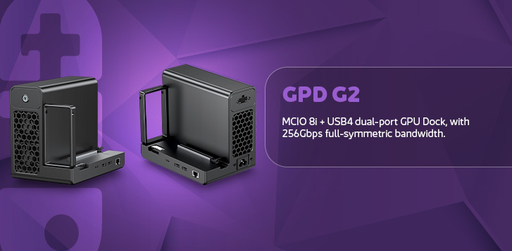 An infographic with a purple geometric background showing two views of a black, L-shaped GPU dock. Text to the right states, "GPD G2. MCIO 8i + USB4 dual-port GPU Dock, with 256Gbps full-symmetric bandwidth.