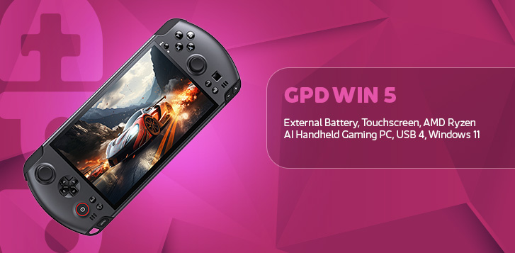 Promotional banner for the GPD WIN 5, featuring a black handheld gaming PC positioned diagonally against a vibrant magenta geometric background. The device's screen displays a high-speed racing game with an orange car.
