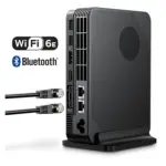 GPD Box black mini PC angled on stand with ribbed vents, rear ports, dual Ethernet cables, WiFi 6E and Bluetooth logos