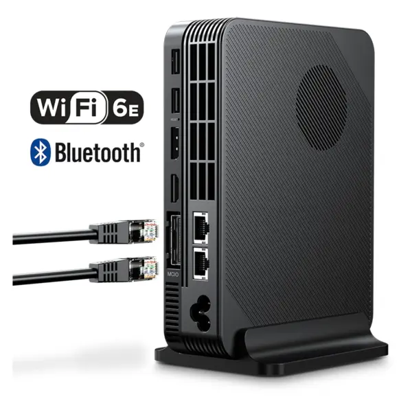 GPD Box black mini PC angled on stand with ribbed vents, rear ports, dual Ethernet cables, WiFi 6E and Bluetooth logos