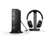 GPD BOX black ribbed GPD Mini PC front angled view with USB ports, antenna, and headphones on stand