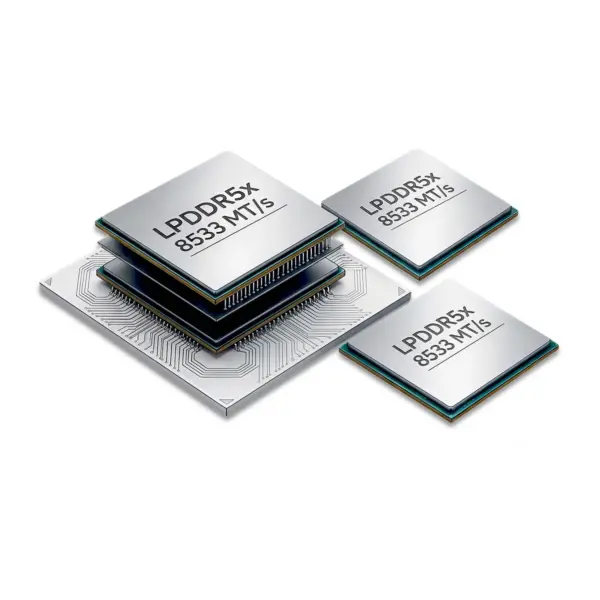 GPD BOX LPDDR5x 8533 MT/s silver memory chips in angled view, stacked on a white circuit board