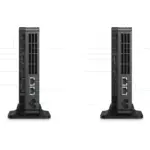 GPD Box black mini PC rear view pair on stands, showing ribbed vents, USB, HDMI, dual LAN and MCIO ports