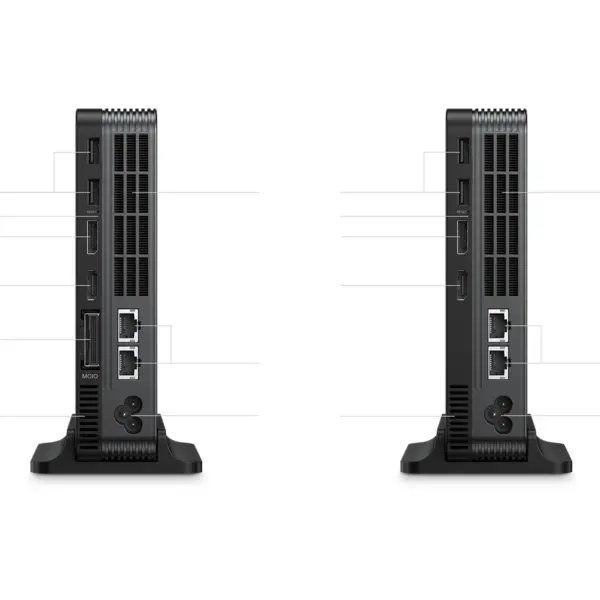 GPD Box black mini PC rear view pair on stands, showing ribbed vents, USB, HDMI, dual LAN and MCIO ports
