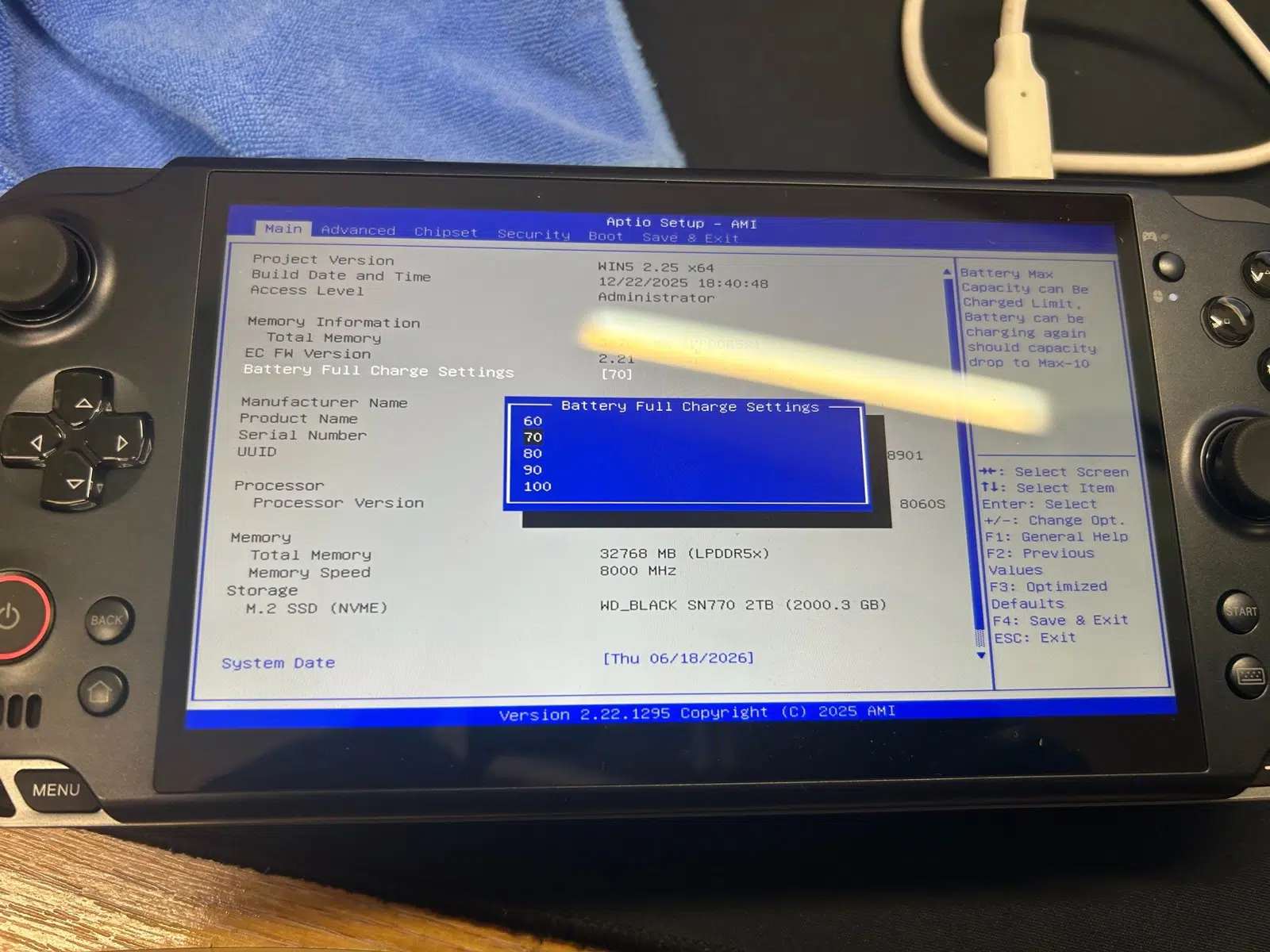 GPD WIN 5 BIOS Battery Full Charge Settings menu
