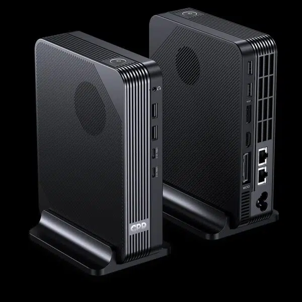 GPD-BOX-LISTING-DONE-01-b364c47b-5805-4773-8675-ff351336bb8b.jpg GPD BOX Mini PC pair in matte black, angled on stands with ribbed vents, USB ports and rear Ethernet visible