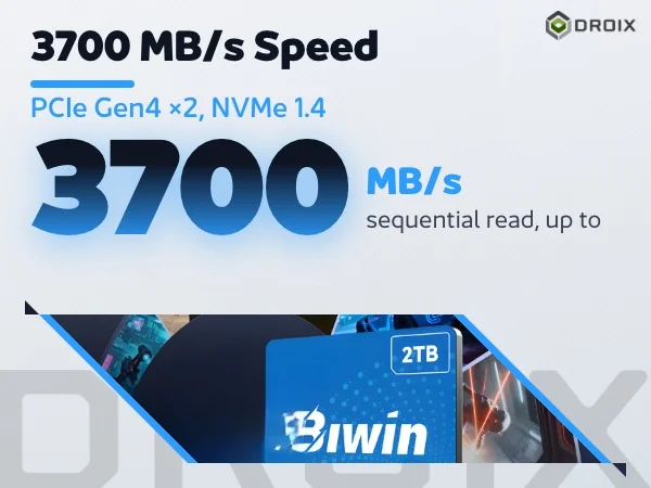 Blue Biwin CL100 Mini SSD card over game art arc with large 3700 MB/s sequential read figure, PCIe Gen4 x2 and NVMe 1.4