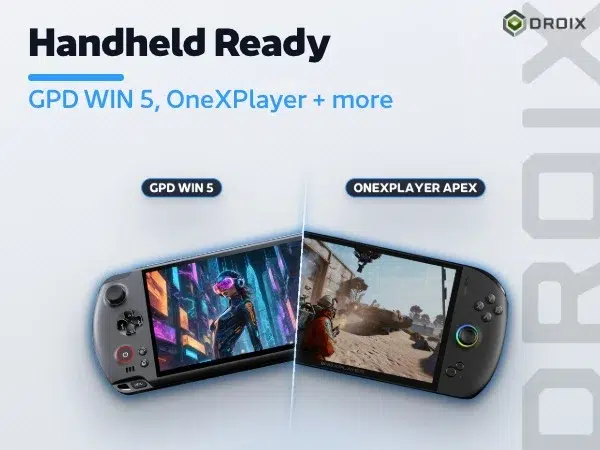Blue Biwin CL100 Mini SSD card in front of GPD WIN 5 and OneXPlayer APEX handheld gaming PCs, handheld ready tile